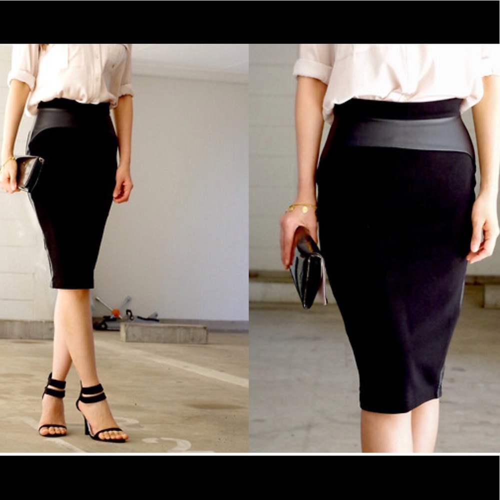 H&M Black Pencil Skirt w/Leather detail Sz8
